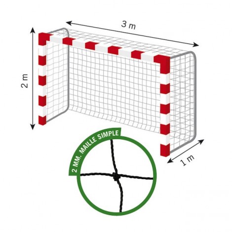 Filet de Handball réglementaires buts 3mx2mx1m Cablé PE 2 mm Maille 120 simple Noir Sporti