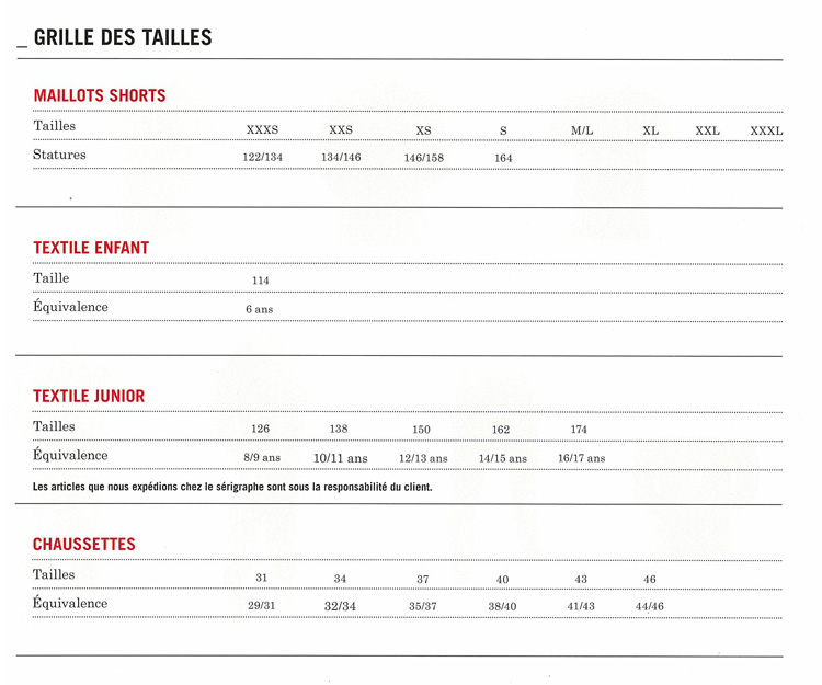 Grilles des tailles Umbro - Correspondance des tailles Umbro